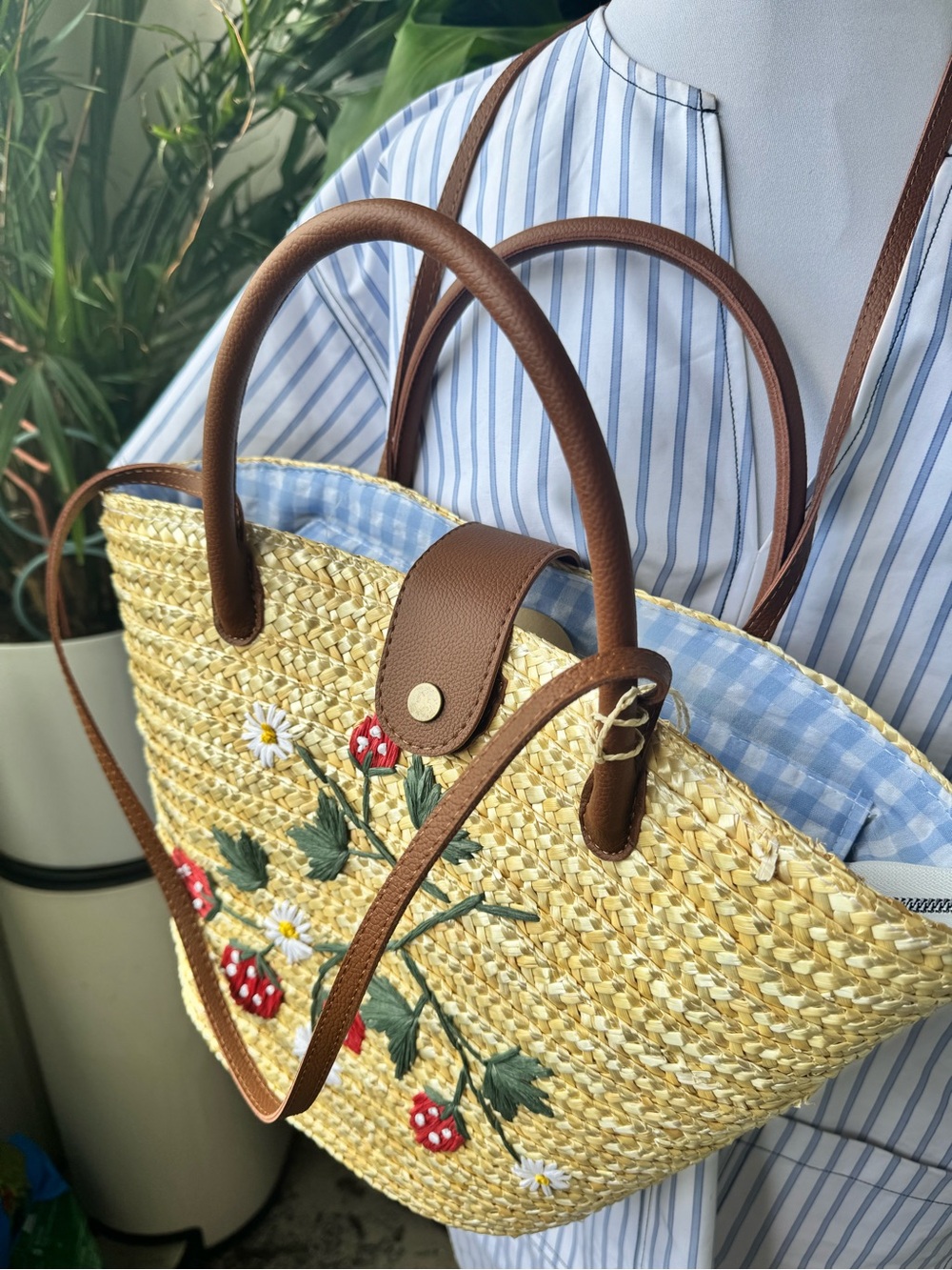 NWT HANDCRAFTEDWoven Straw Tote with Brown Handles and Red Strawberry Embroidery